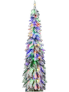 5-foot snow-flocked slim pencil Christmas tree with multi-color and warm-white LED lights, perfect for small spaces.