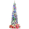 5-foot snow-flocked pre-lit artificial Christmas tree with multi-color LED lights and presents for festive decor.
