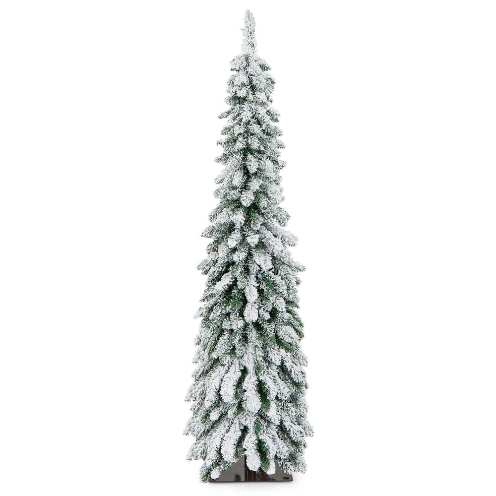 5 ft snow-flocked slim pencil Christmas tree with LED lights and 11 lighting modes, perfect for small spaces.