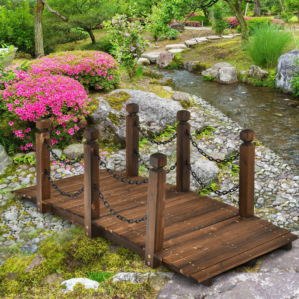 5-foot wooden garden bridge with stained finish and safety railings, perfect for enhancing outdoor spaces.