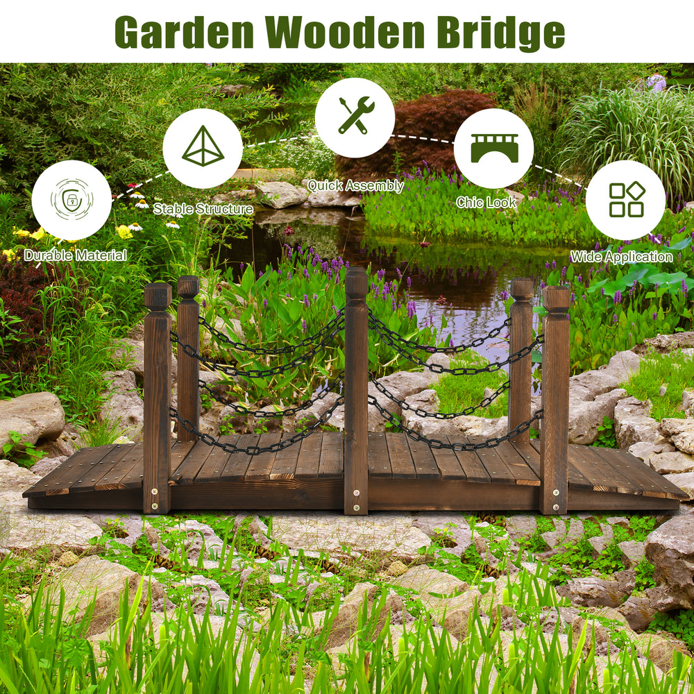 5 feet wooden garden bridge with stained finish and safety rails, ideal for outdoor decoration and easy installation.