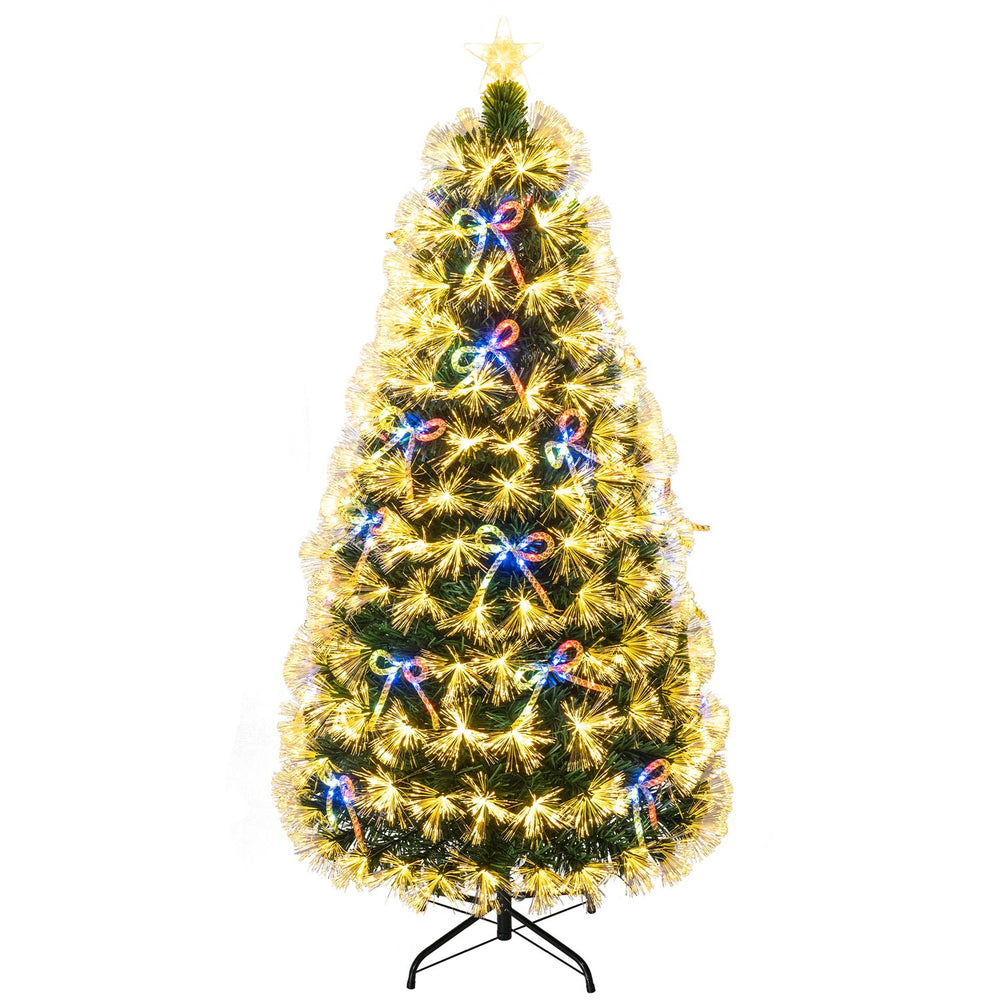 5 ft green fiber optic artificial Christmas tree with 28 colorful LED lights and a lighted star for festive decor.