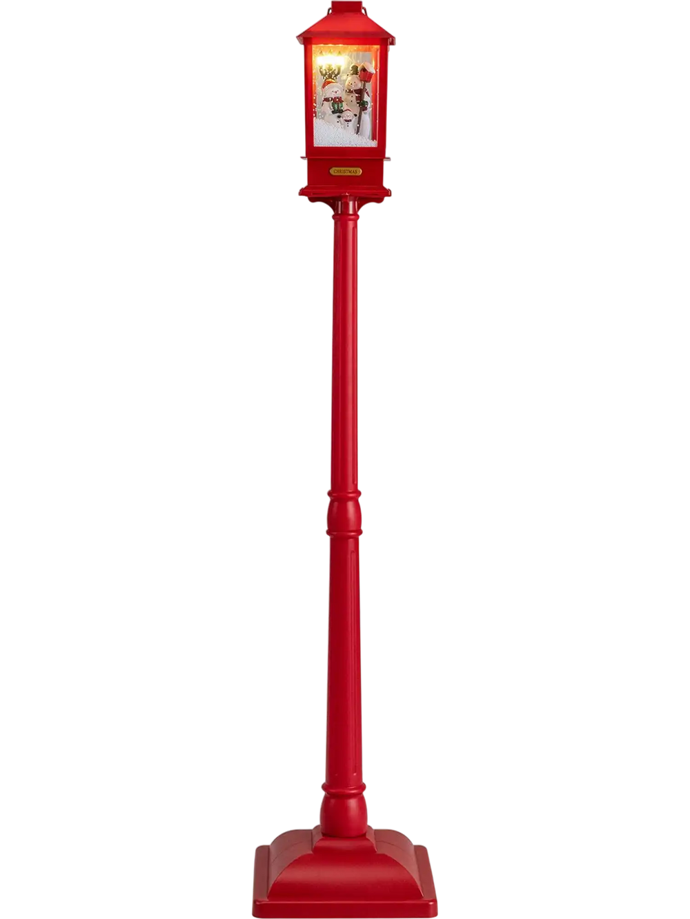 Red 5 ft Musical Christmas streetlight features LED lights, snowmen, and snowy effects for festive indoor or outdoor decoration.