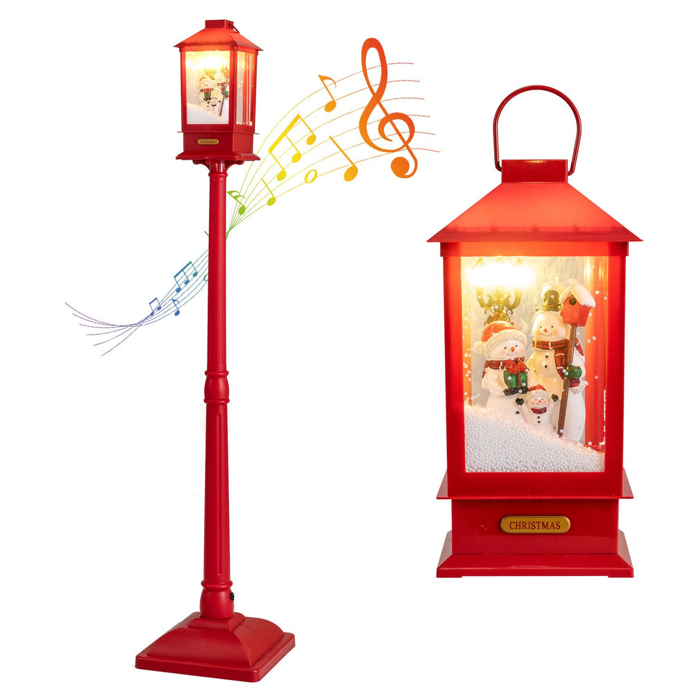 5 ft red musical Christmas streetlight features LED lights and a whimsical snowman family for festive indoor or outdoor decor.