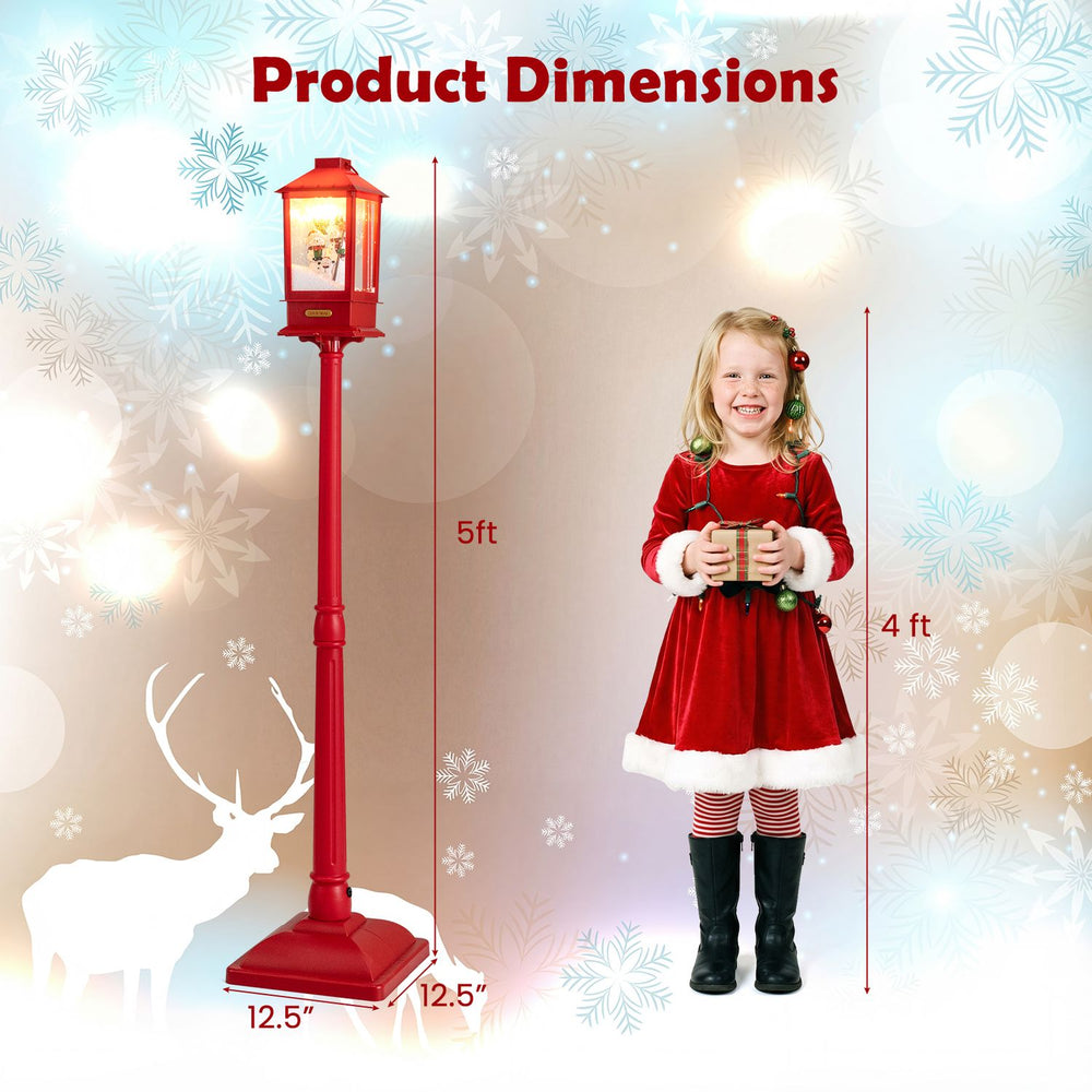 5 ft red musical Christmas streetlight with LED lights and snowman design, perfect for festive indoor or outdoor decoration.