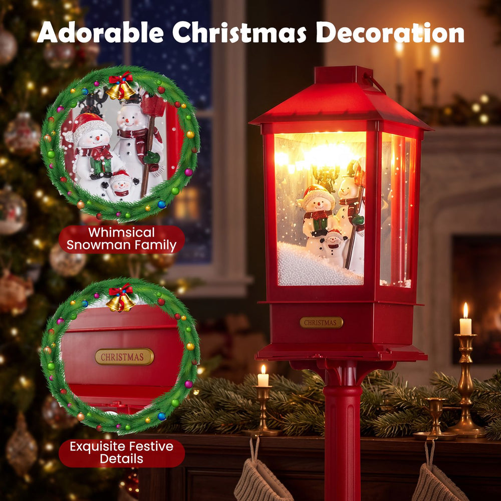 5 ft red musical Christmas streetlight features a whimsical snowman family and LED lights for festive indoor or outdoor decor.