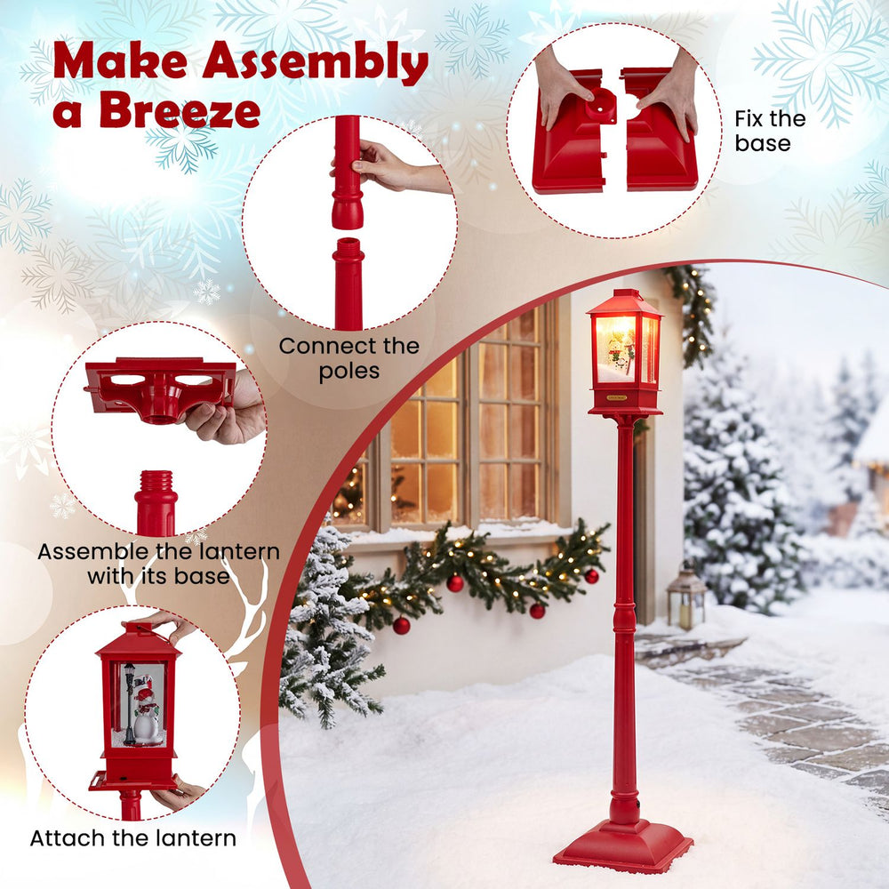 5 ft red musical Christmas streetlight features a whimsical snowman family, perfect for indoor and outdoor holiday decor.