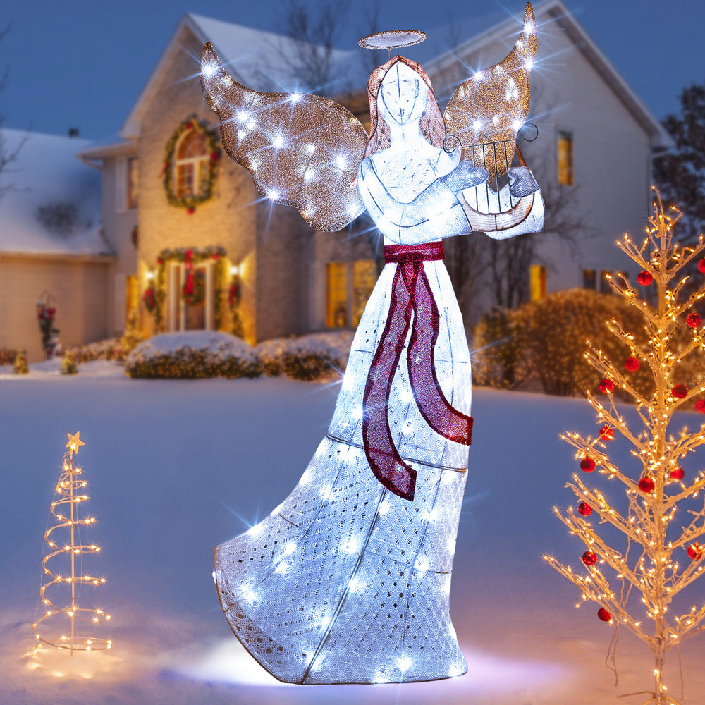 5 ft lighted Christmas angel with harp, 120 cold white LED lights, perfect for outdoor holiday decoration.