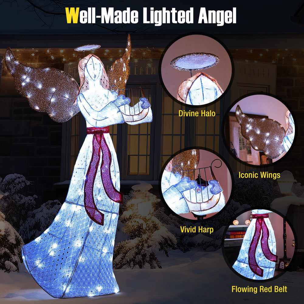 5 ft lighted angel with harp, halo, and 120 LED lights, perfect for outdoor holiday decoration.