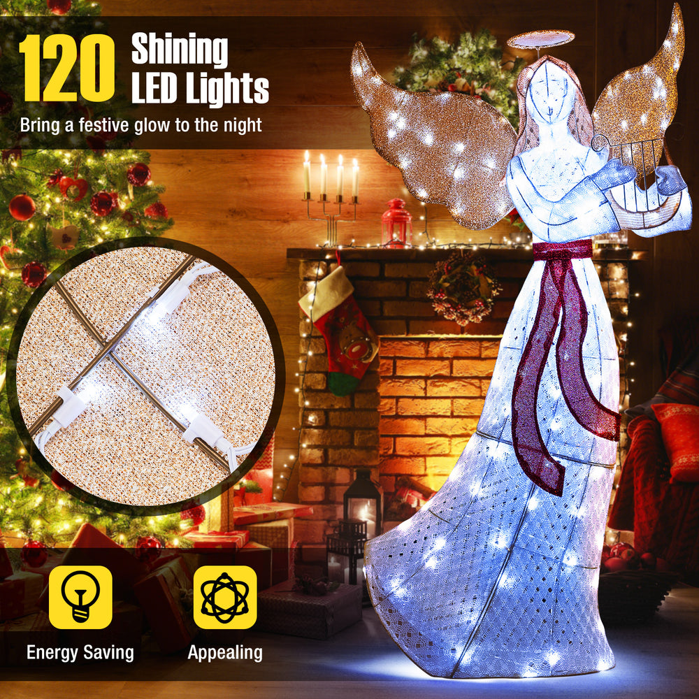 5 ft Christmas lighted angel with harp, featuring 120 cold white LED lights, ideal for indoor and outdoor festive decor.