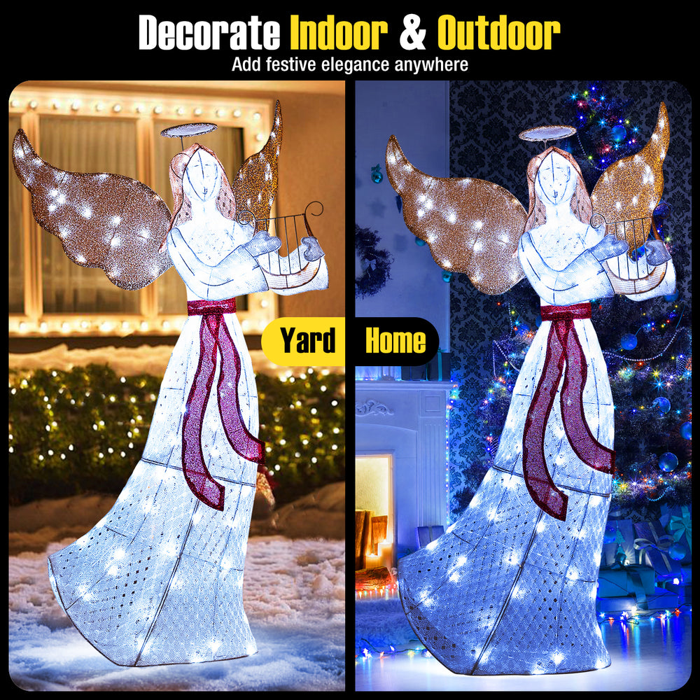 5 ft lighted Christmas angel with harp and 120 LED lights, perfect for indoor and outdoor festive decoration.