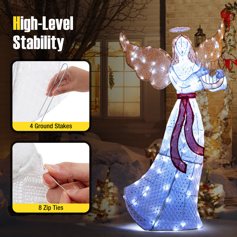 5 ft lighted angel with harp featuring 120 cold white LED lights, ideal for outdoor decoration with stability.