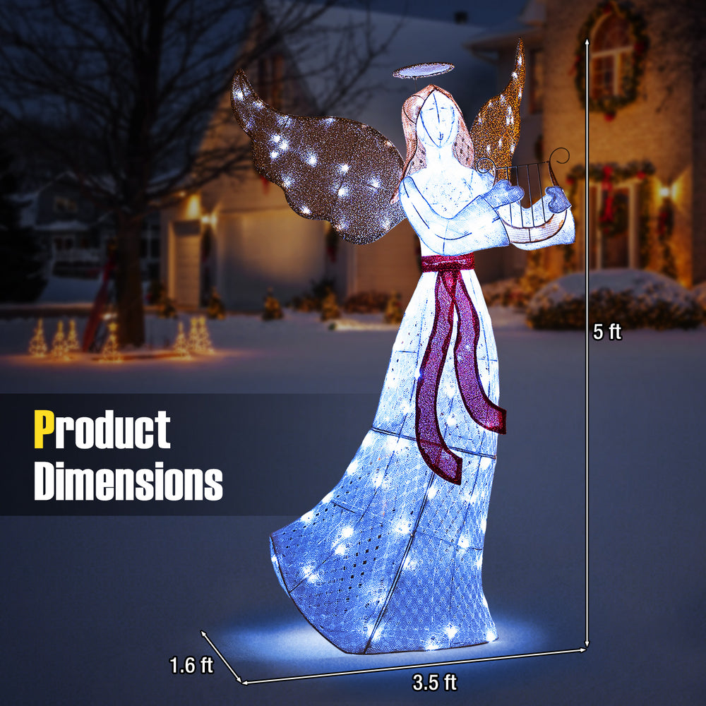 5 ft Christmas lighted angel with harp, 120 LED lights, ideal for outdoor decoration in various weather conditions.