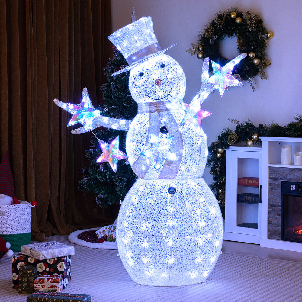 5 ft pre-lit Christmas snowman with stars, adorned with 140 LED lights, perfect for indoor and outdoor holiday decor.