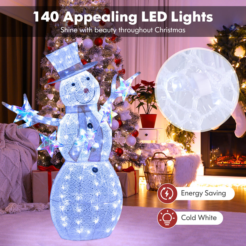 5 ft pre-lit Christmas snowman with 140 cold white LED lights, ideal for indoor and outdoor holiday decoration.