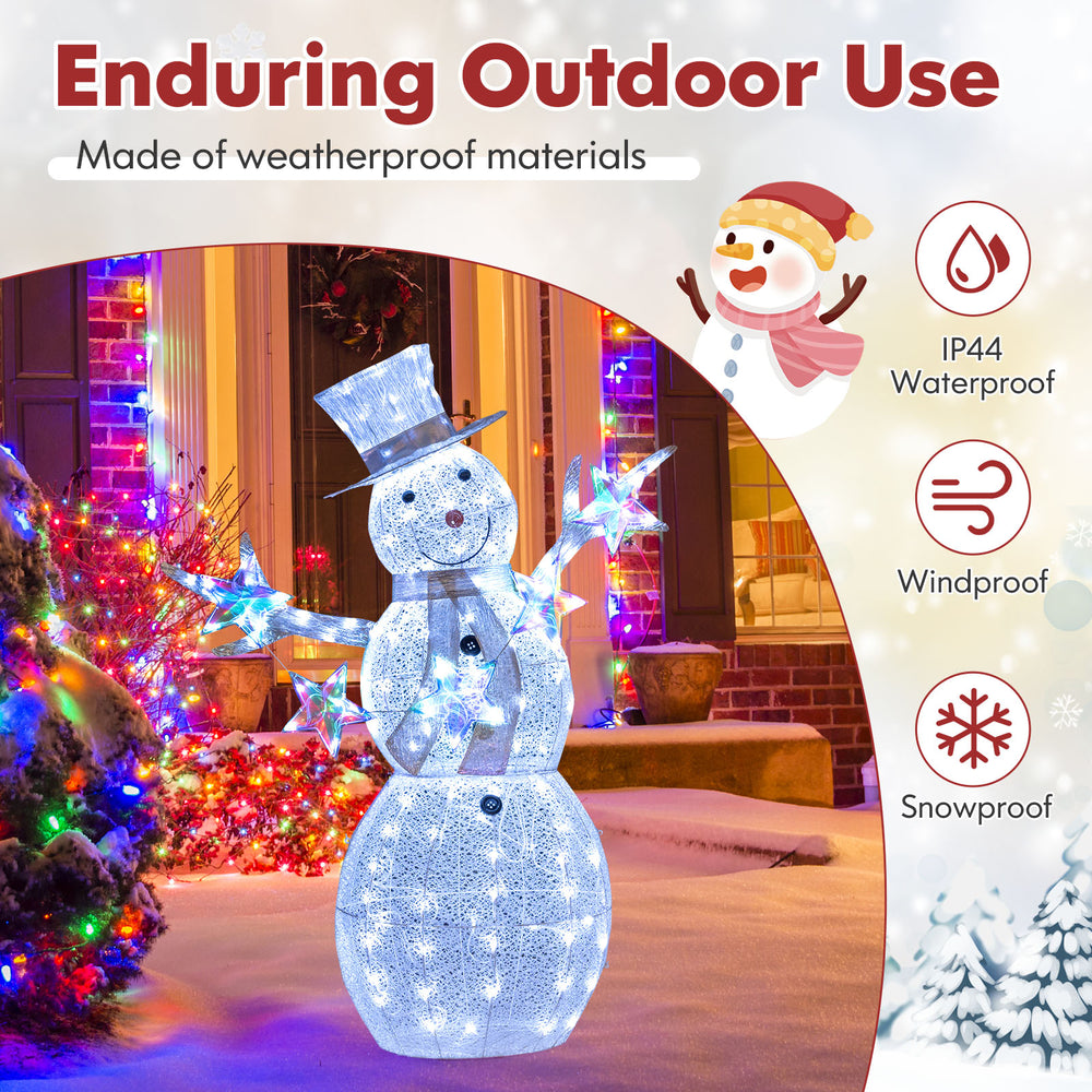 5 ft pre-lit Christmas snowman with stars, featuring 140 LED lights, made of weatherproof materials for outdoor use.