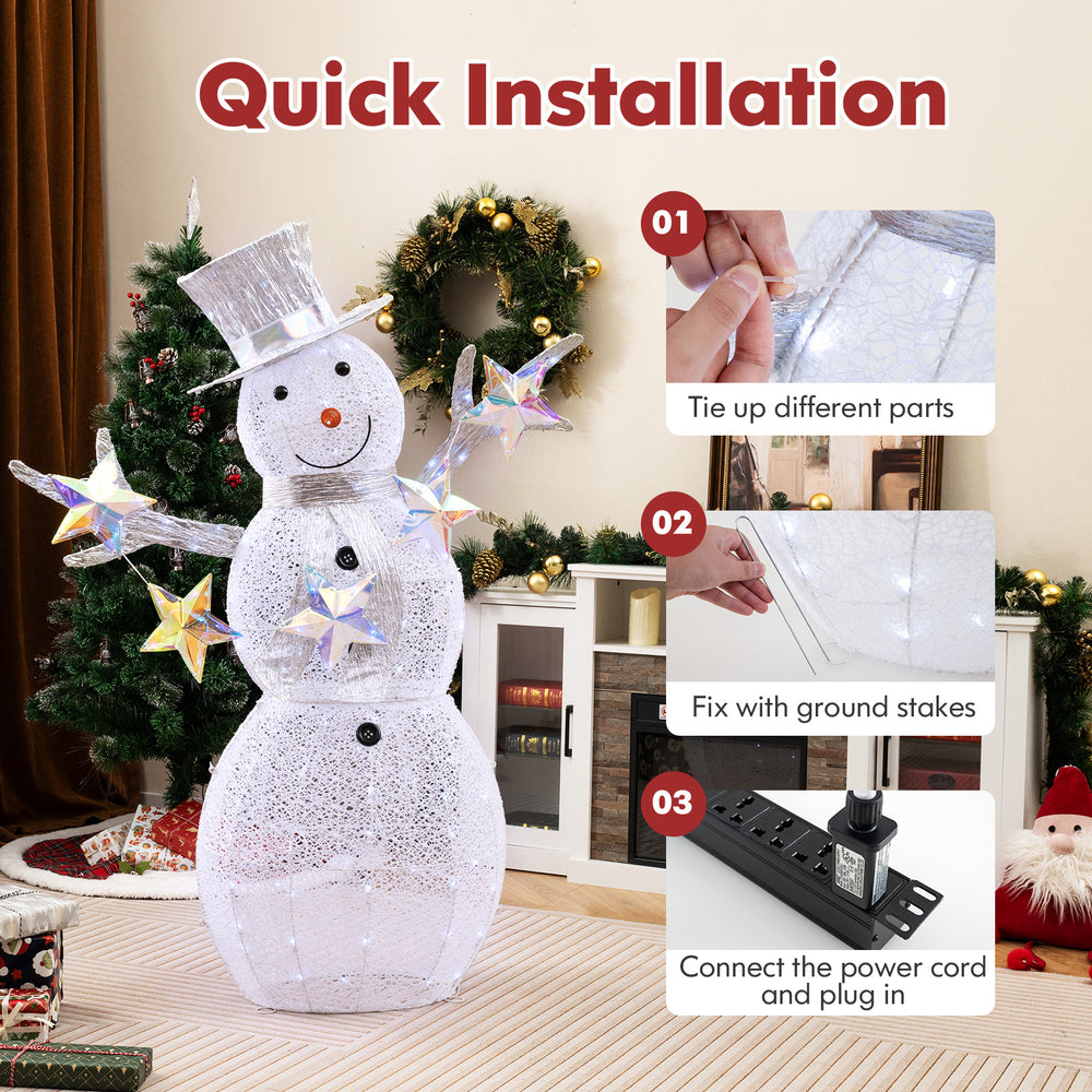 5 ft pre-lit Christmas snowman with stars, featuring 140 LED lights and a stable round metal base for indoor or outdoor.