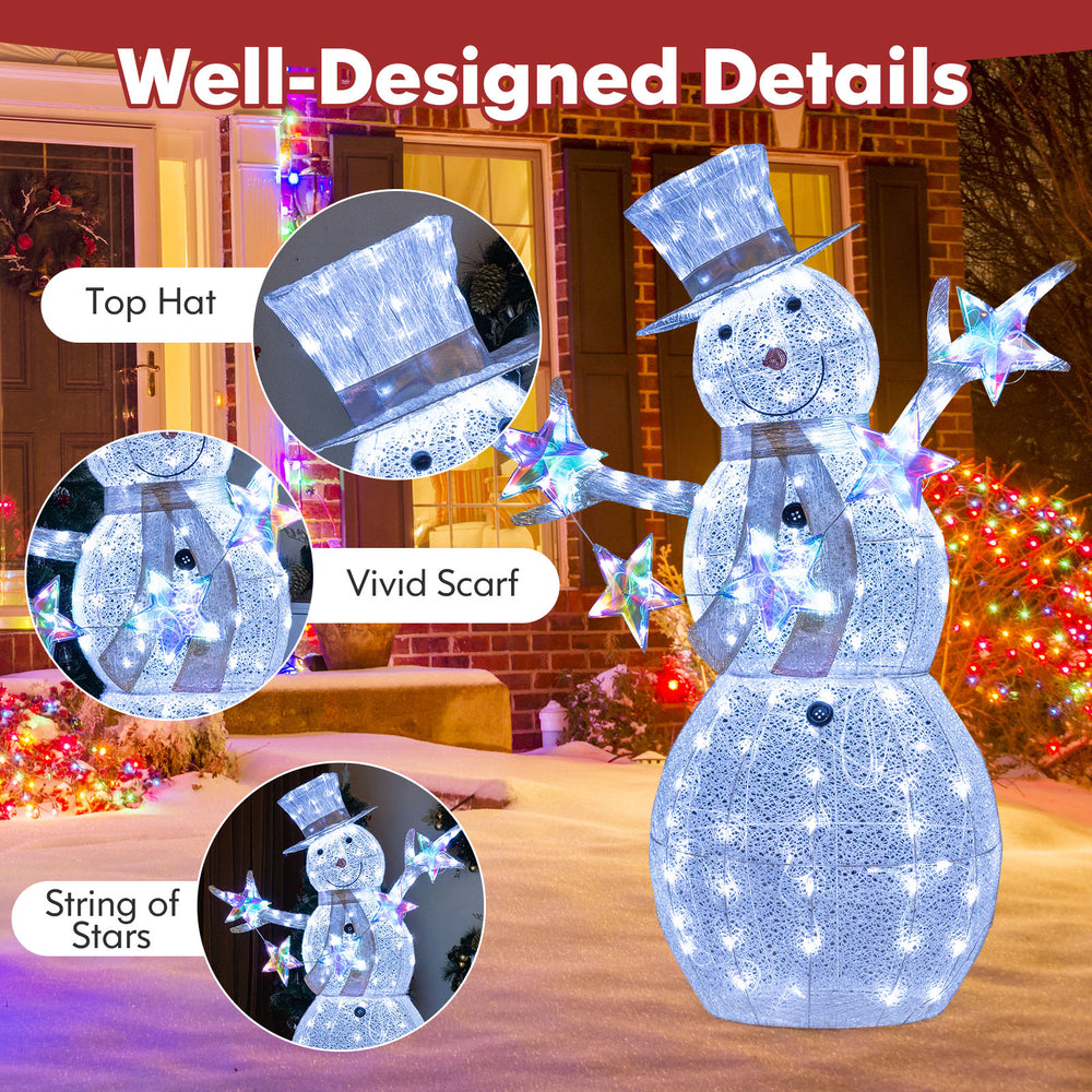 5 ft pre-lit Christmas snowman with top hat, scarf, and stars, featuring 140 LED lights for indoor and outdoor use.