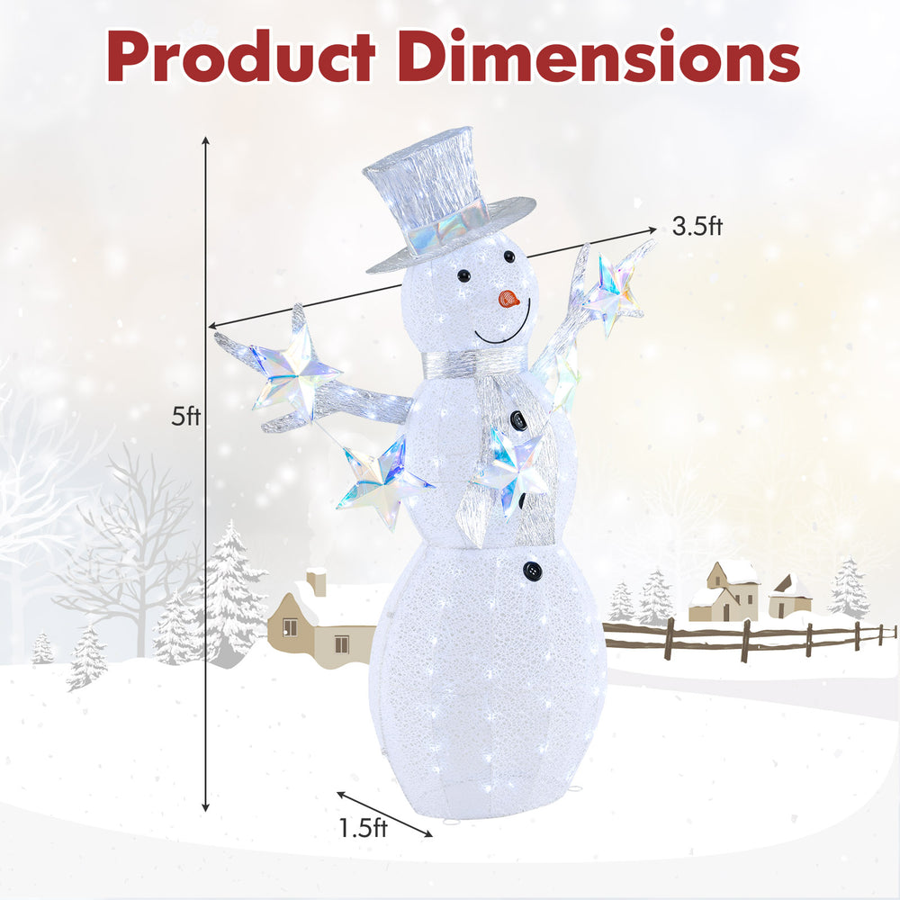 5 ft pre-lit Christmas snowman with stars, featuring 140 LED lights and a sturdy base for indoor and outdoor use.