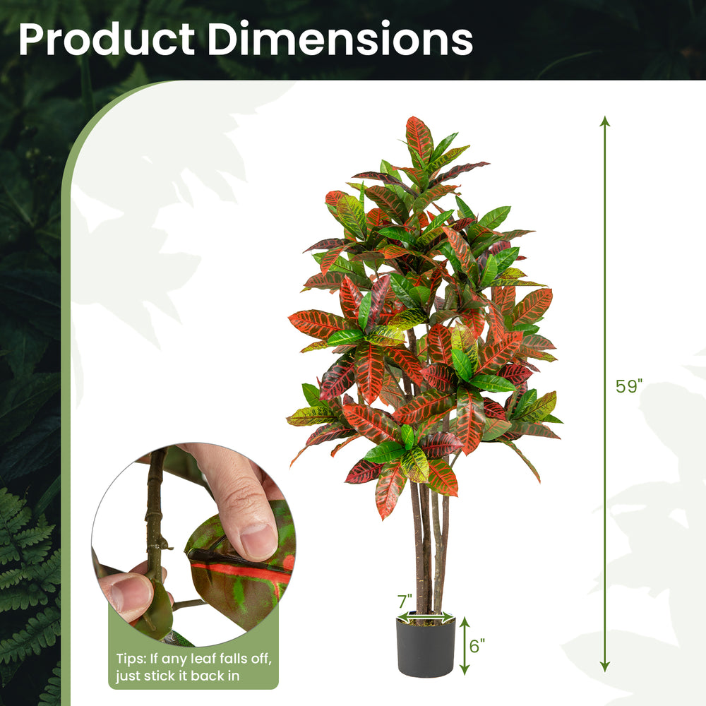 5 FT tall artificial croton plant with gradient leaves in a nursery pot, perfect for home or office decoration.