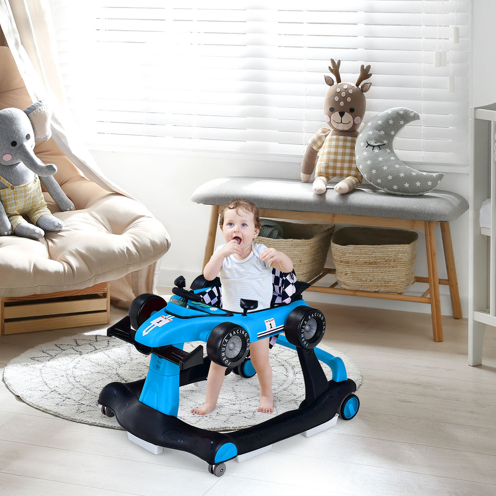 Baby seated in a blue 5-in-1 walker with a removable cushion, featuring a wide base for stability and safety.