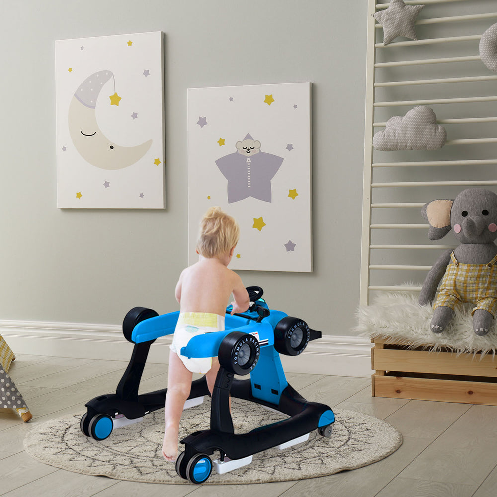 5-in-1 baby walker in blue with adjustable height, padded bumpers, and 360° swivel wheels for safe exploration.