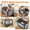 5-in-1 bedside bassinet in gray with changing table, mesh panels, and wheels for easy co-sleeping and portability.