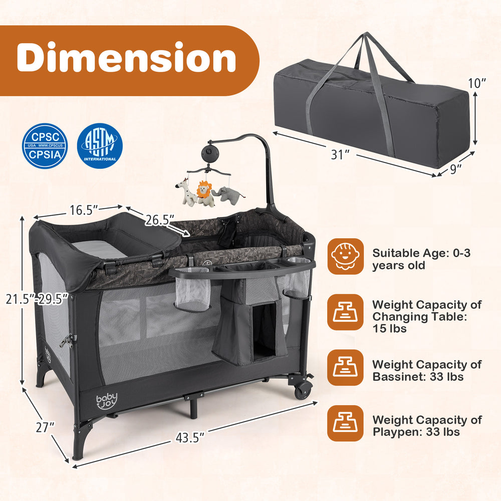 5-in-1 bedside bassinet in gray with changing table, mesh panels, and wheels for easy portability and co-sleeping.