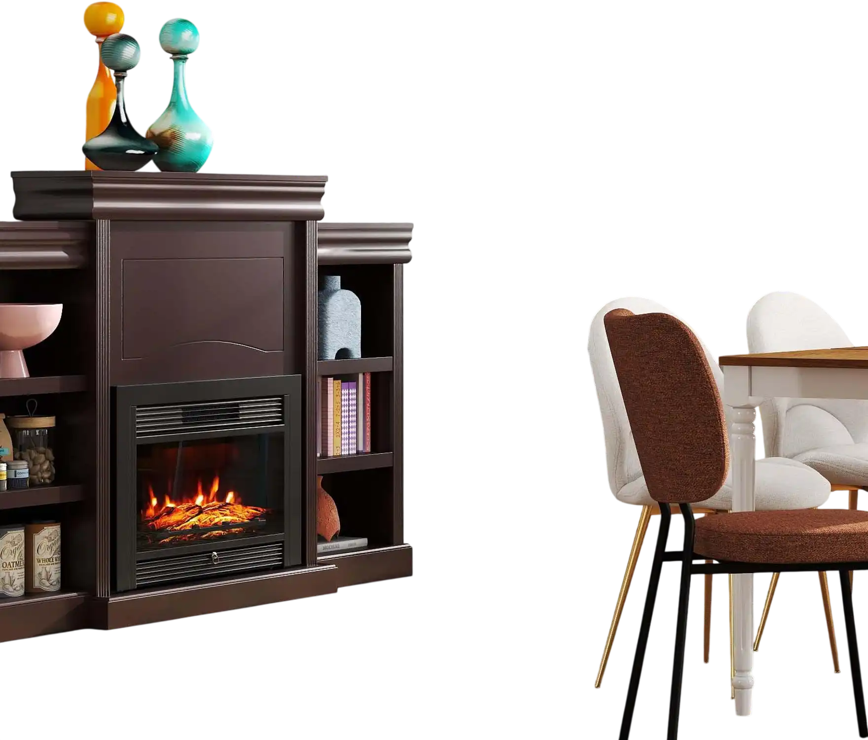Costway 5-in-1 Dining Room Set Extendable Table 4 Chairs Electric Fireplace Media Console Bamboo Sideboard 97268298 New