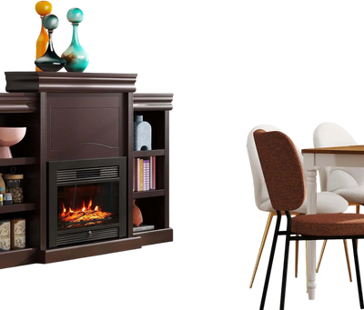 Costway 5-in-1 Dining Room Set Extendable Table 4 Chairs Electric Fireplace Media Console Bamboo Sideboard 97268298 New