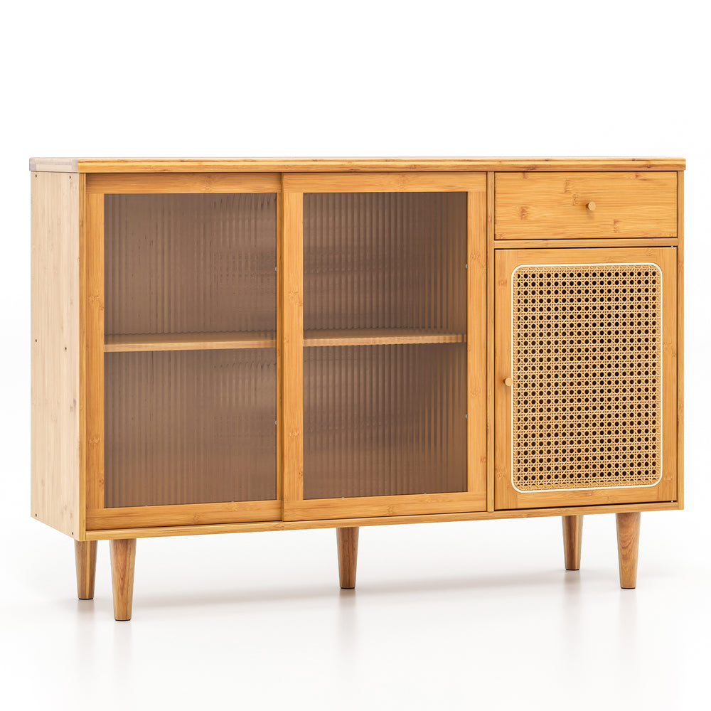 Bamboo sideboard with sliding glass doors and rattan details, perfect for modern and farmhouse dining room decor.