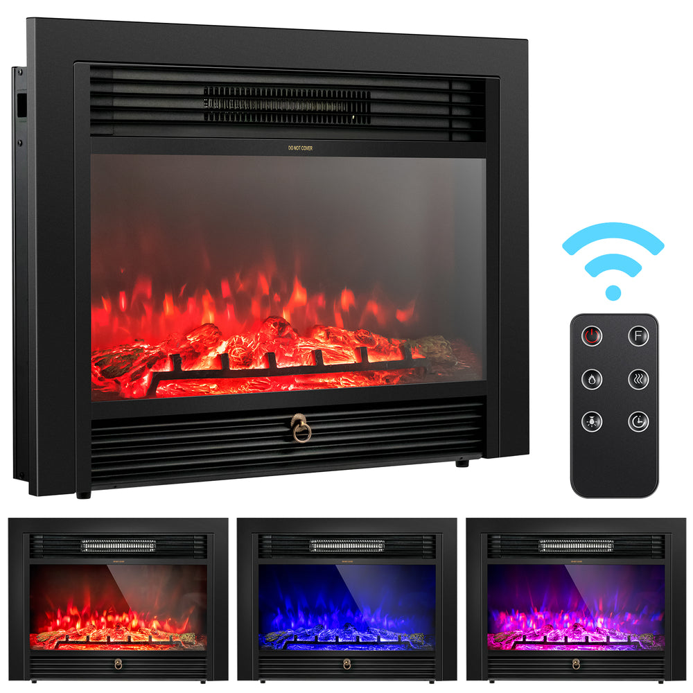 Electric fireplace with remote control, featuring three flame colors, suitable for media console or wall-mounted.