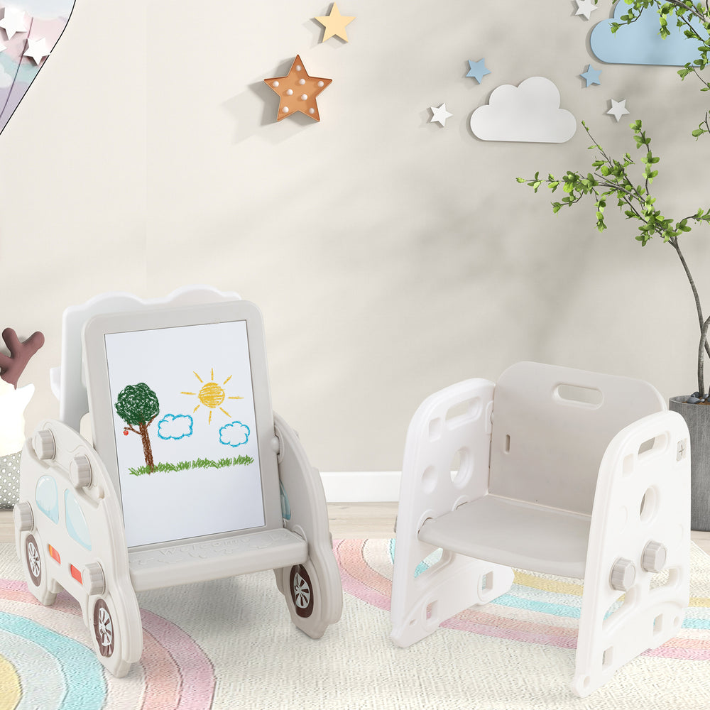 Convertible toddler slide set featuring a gray art easel, ergonomic chair, and book rack for creative playtime.