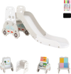 Convertible toddler slide set featuring a car design, art easel, and book rack for creative play and safe fun.