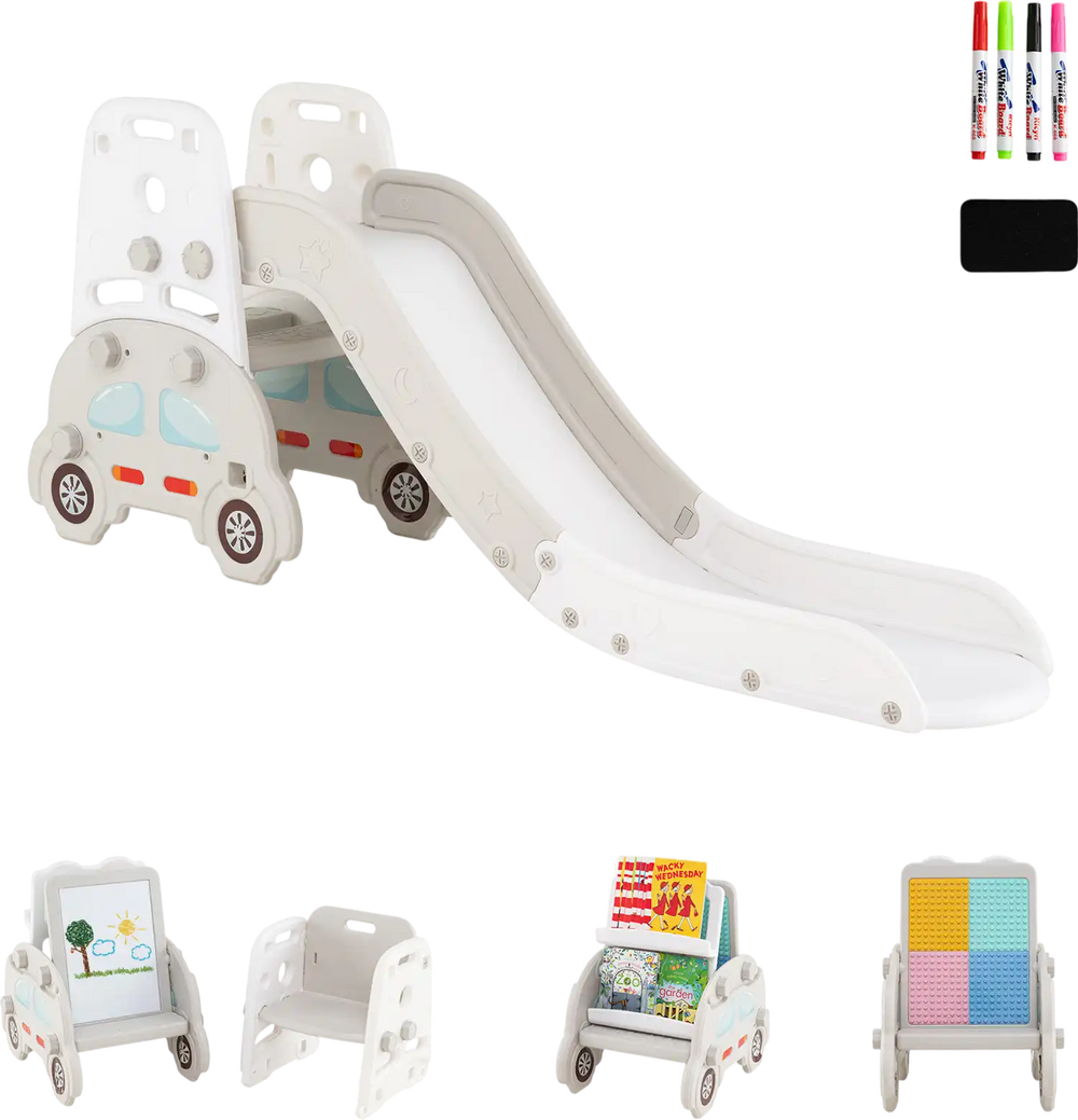 Convertible toddler slide set featuring a car design, art easel, and book rack for creative play and safe fun.