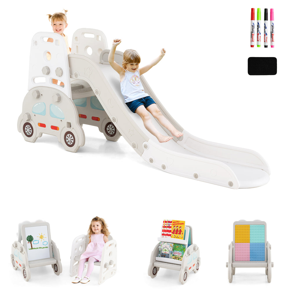 Convertible toddler slide set featuring a gray slide, art easel, and book rack for fun and creative playtime.