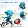 Detachable baby stroller tricycle in blue with 5-point safety belt, adjustable canopy, and dual rear-wheel brakes for.