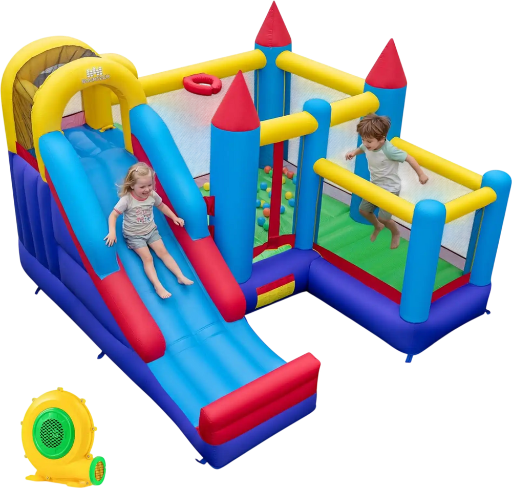 4-in-1 Kids Bouncer with Long Slide and Jumping Area for Yard and Lawn with 680W Blower