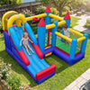 Kids enjoying the 4-in-1 bouncer with slide, jumping area, and basketball hoop in a backyard setting.