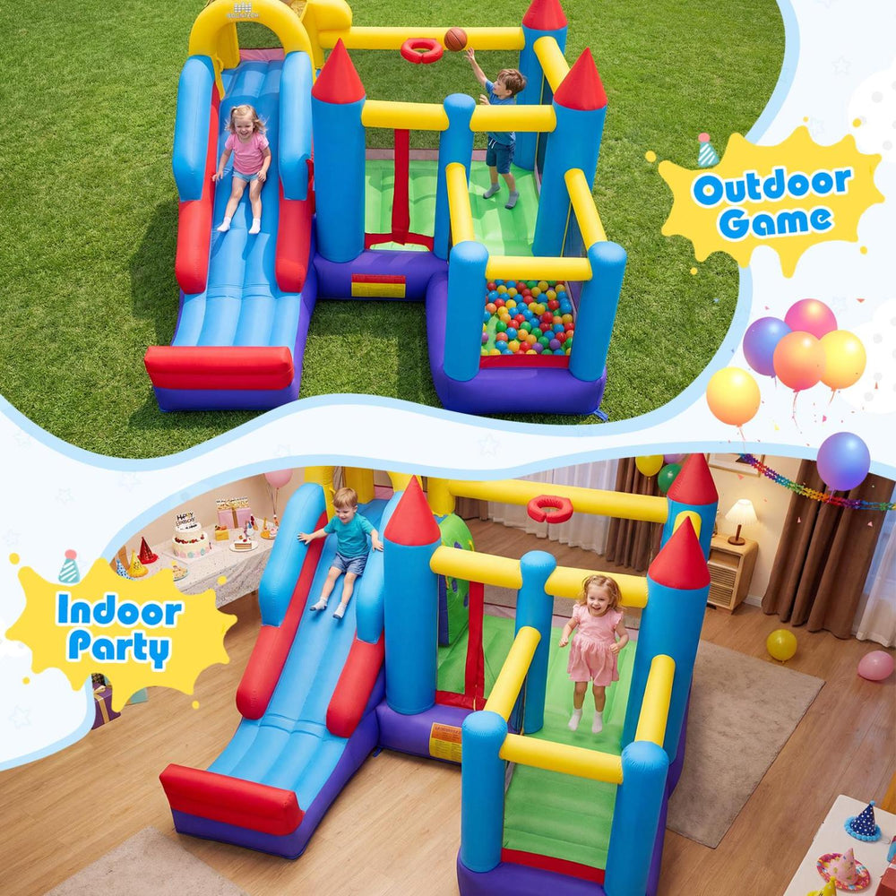 4-in-1 kids bouncer with long slide, basketball hoop, and jumping area for indoor parties or outdoor games.