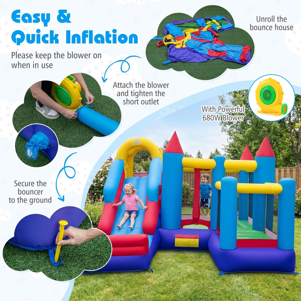 4-in-1 kids bouncer with slide and jumping area, featuring a 680W blower for quick inflation, perfect for outdoor fun.
