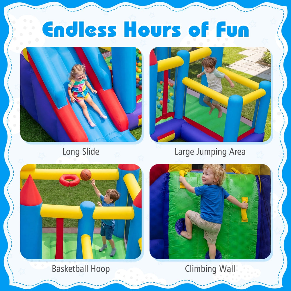 Large jumping area and long slide of the 4-in-1 inflatable bounce castle for outdoor fun and active play.