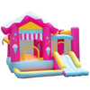 Brightly colored 5-in-1 inflatable bounce house with slide and tunnel, perfect for kids ages 3-12 for outdoor fun.