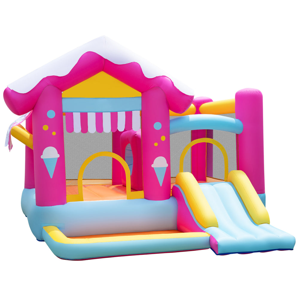 Brightly colored 5-in-1 inflatable bounce house with slide and tunnel, perfect for kids ages 3-12 for outdoor fun.