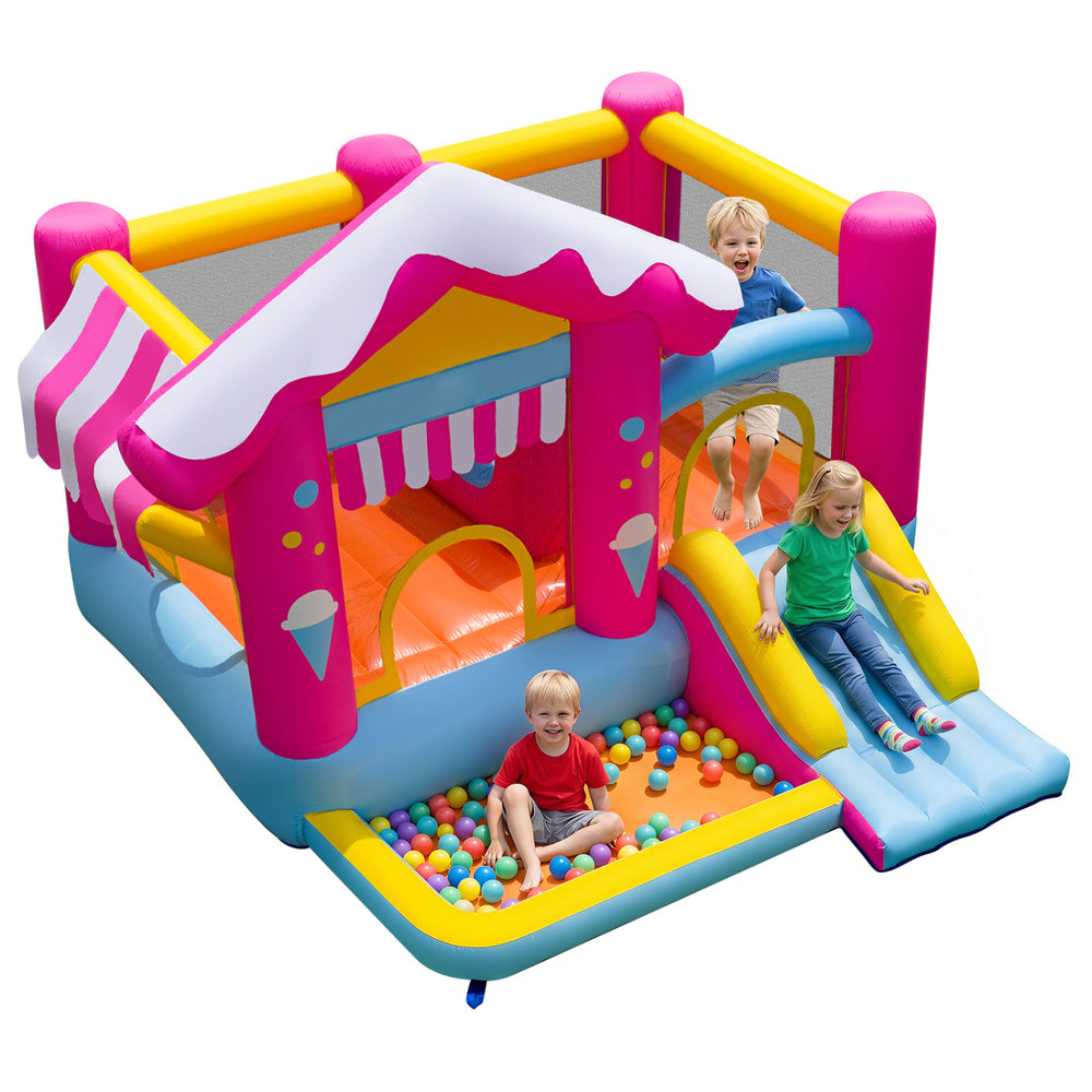 Colorful 5-in-1 inflatable bounce house with slide, tunnel, ball pit, and candy-house theme for kids ages 3-12.