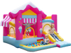 Brightly colored inflatable bounce house with a slide, tunnel, and ball pit, designed for kids ages 3-12 to enjoy outdoors.