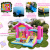 Colorful 5-in-1 inflatable bounce house with tunnel, slide, ball pit, and candy-house theme for kids ages 3-12.