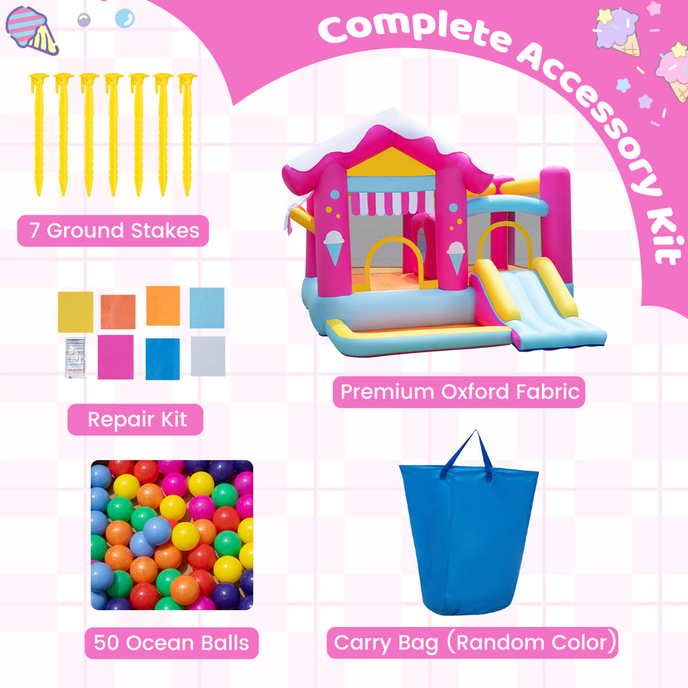 Complete accessory kit for the 5-in-1 inflatable bounce house, including 50 ocean balls, repair kit, and carry bag.