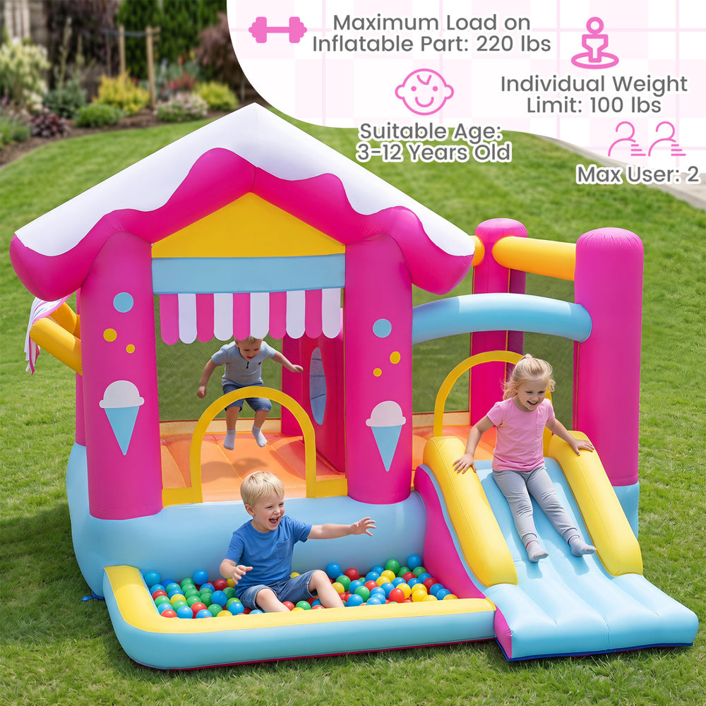 Colorful 5-in-1 inflatable bounce house with slide, tunnel, and ball pit for kids ages 3-12, perfect for outdoor fun.