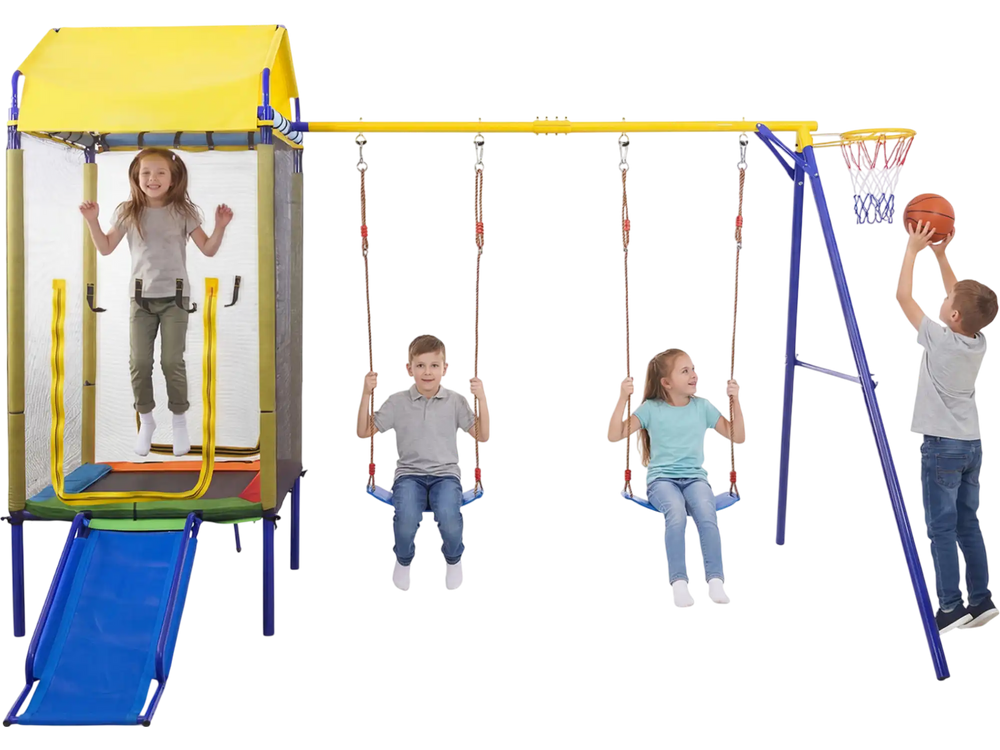 5-in-1 kids swing set featuring a trampoline, slide, and swings for outdoor fun, with a sturdy metal frame and safety.